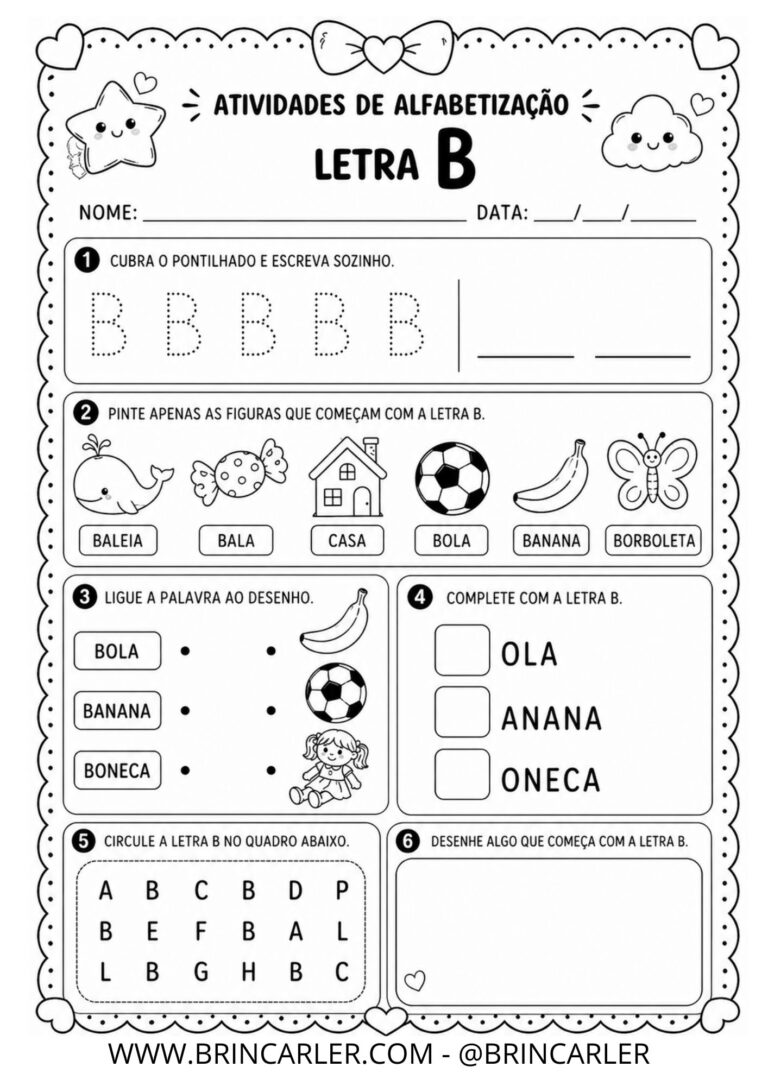Atividades para Educação Infantil: Atividade de Alfabetização Letra B 5 2 1