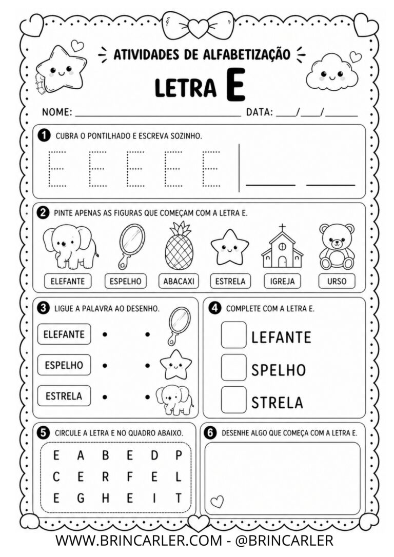 Atividades para Educação Infantil: Atividade de Alfabetização Letra E 3 3 1